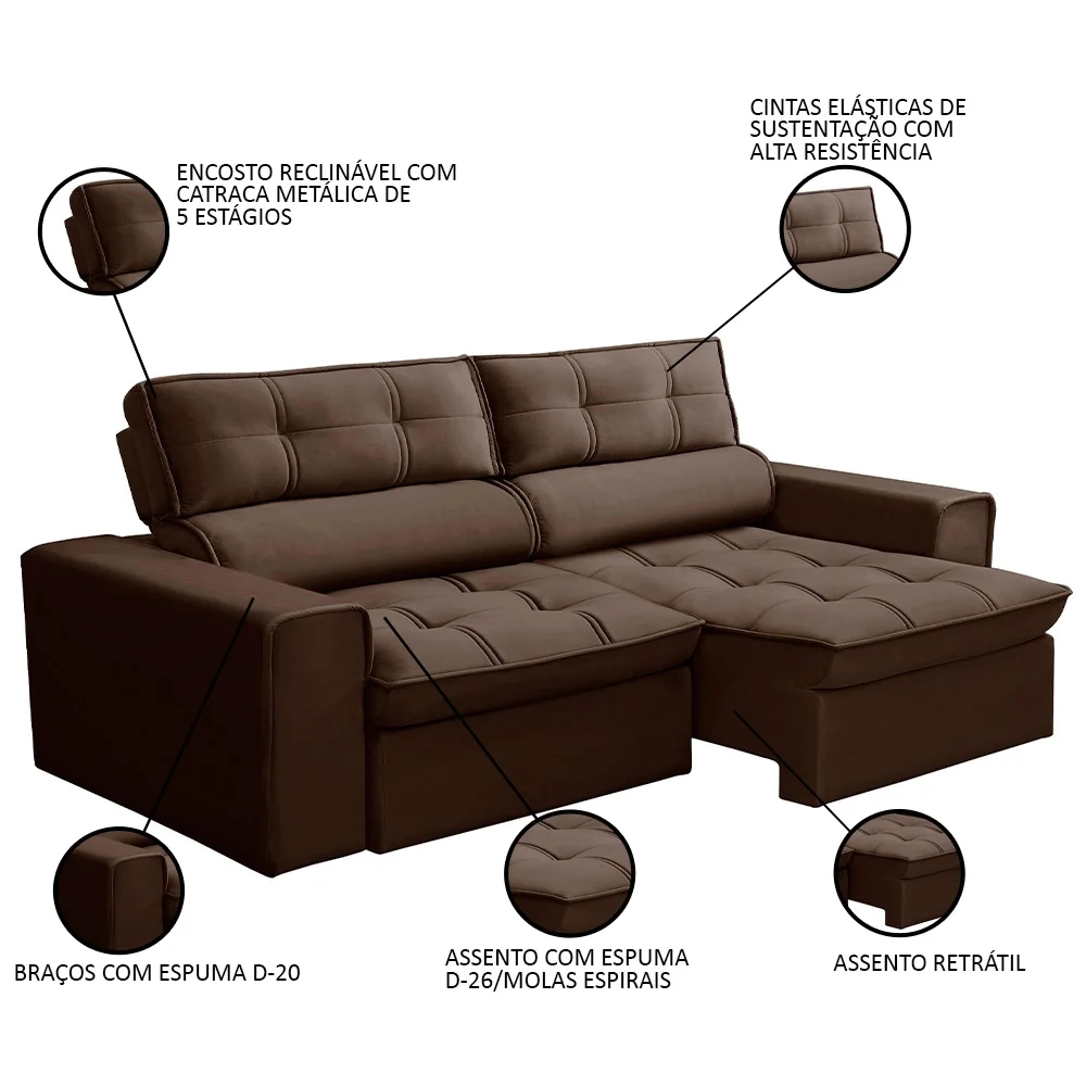 Sofá Retrátil Reclinável 3 Lugares 240cm Blanches F05 Veludo Marrom - Mpozenato