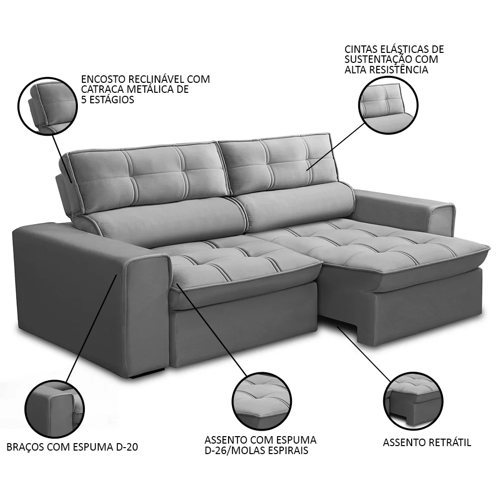 Sofá Retrátil Reclinável 3 Lugares 240cm Blanches F05 Veludo Prata - Mpozenato