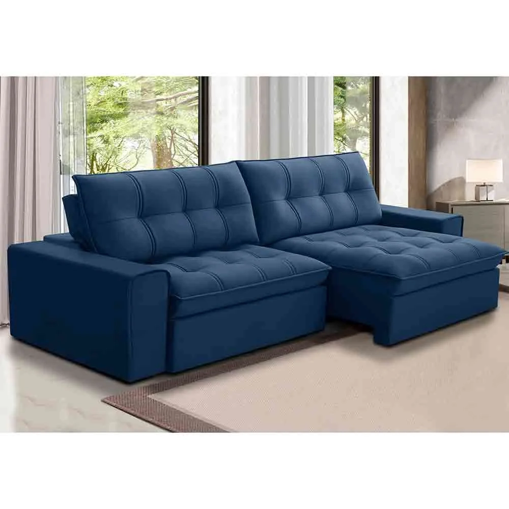 Sofá Retrátil Reclinável 3 Lugares 250cm Argon F05 Veludo Azul - Mpozenato