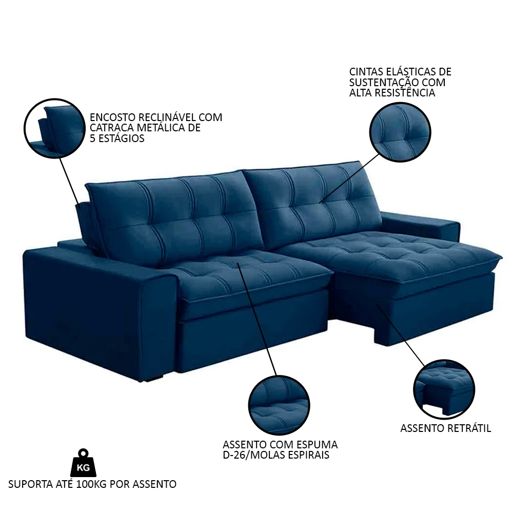 Sofá Retrátil Reclinável 3 Lugares 250cm Argon F05 Veludo Azul - Mpozenato