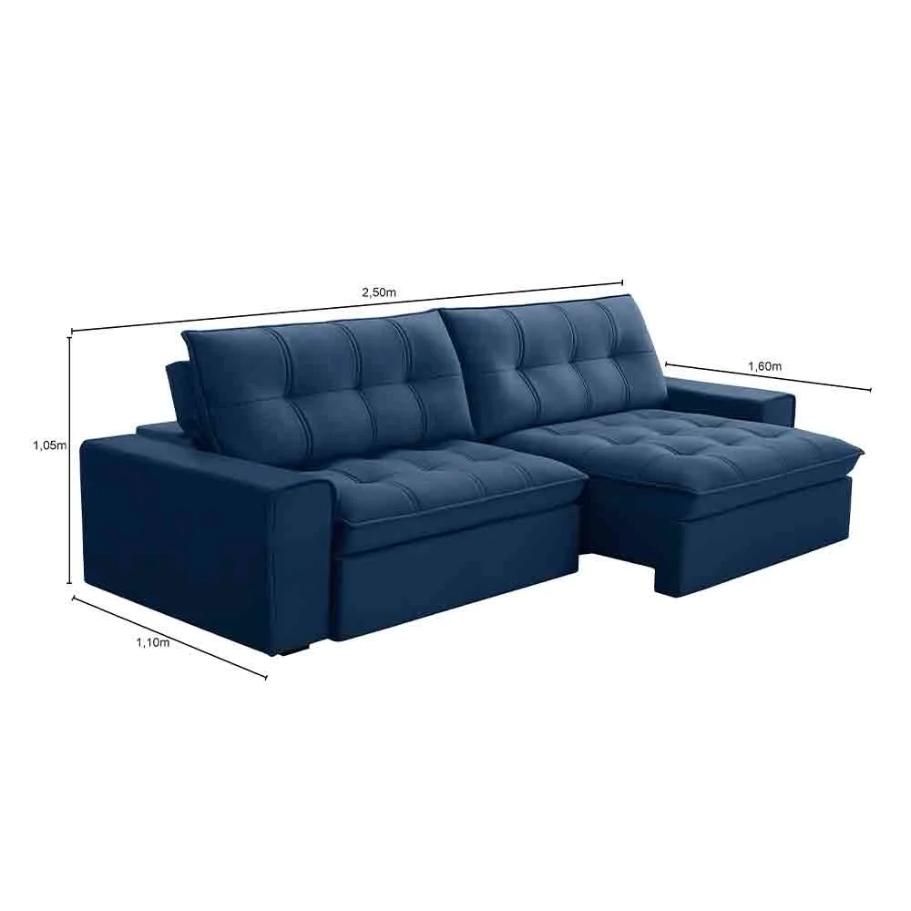 Sofá Retrátil Reclinável 3 Lugares 250cm Argon F05 Veludo Azul - Mpozenato