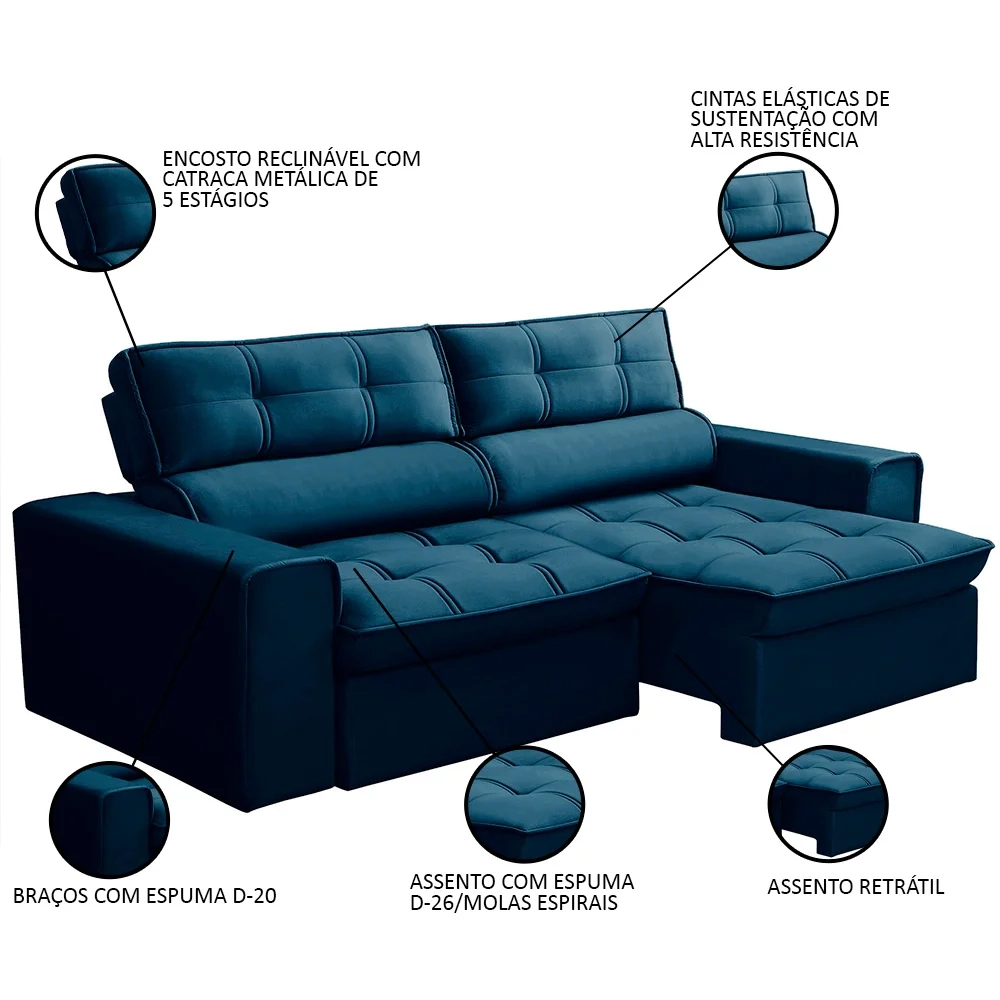 Sofá Retrátil Reclinável 3 Lugares 240cm Blanches F05 Veludo Azul - Mpozenato