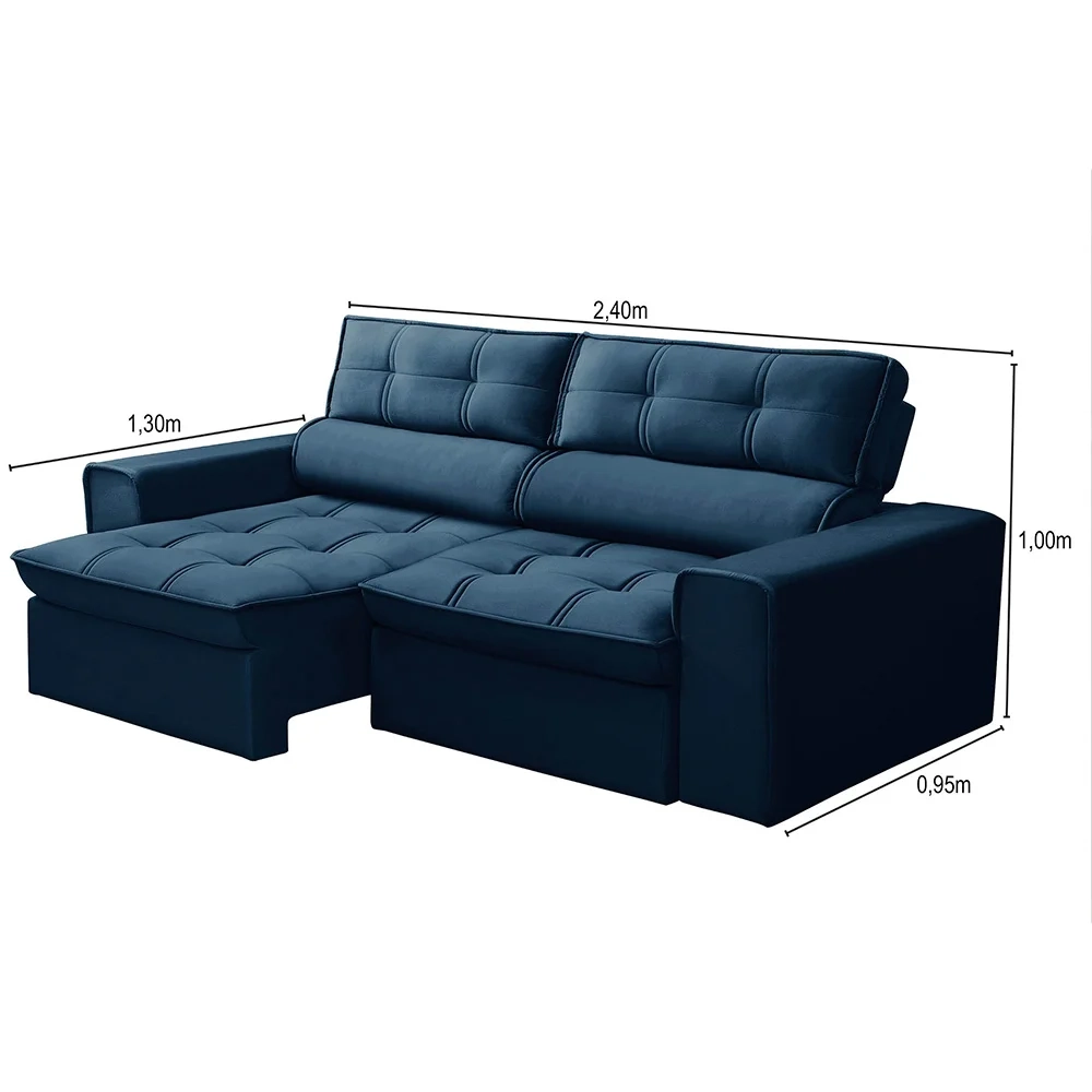 Sofá Retrátil Reclinável 3 Lugares 240cm Blanches F05 Veludo Azul - Mpozenato