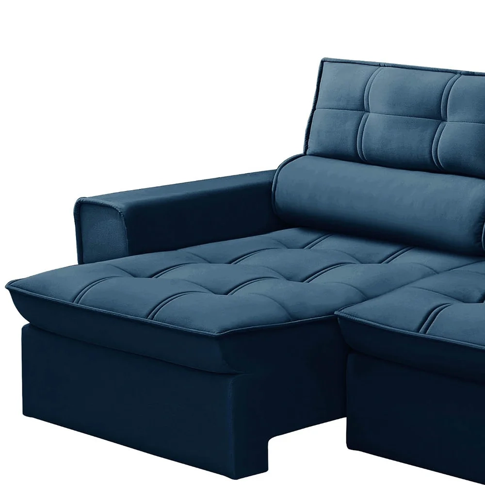 Sofá Retrátil Reclinável 3 Lugares 240cm Blanches F05 Veludo Azul - Mpozenato