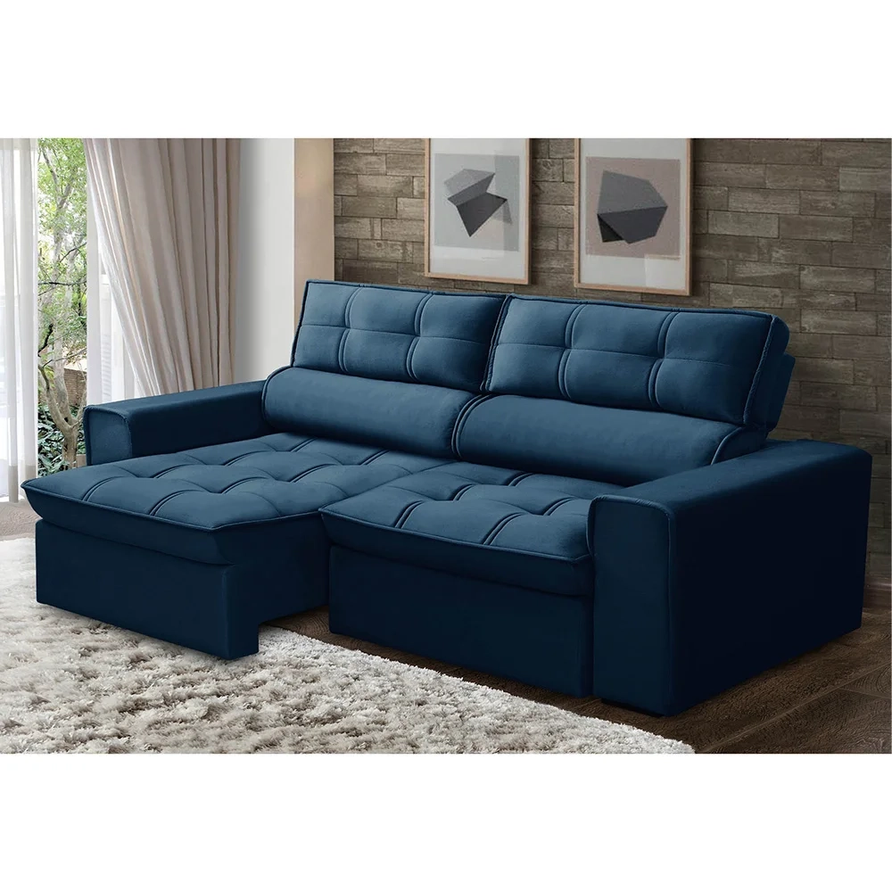 Sofá Retrátil Reclinável 3 Lugares 240cm Blanches F05 Veludo Azul - Mpozenato
