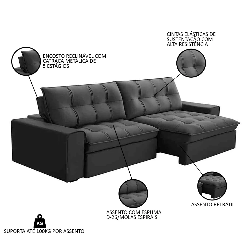 Sofá Retrátil Reclinável 3 Lugares 250cm Argon F05 Veludo Grafite - Mpozenato