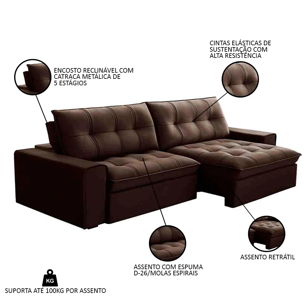 Sofá Retrátil Reclinável 3 Lugares 250cm Argon F05 Veludo Marrom - Mpozenato