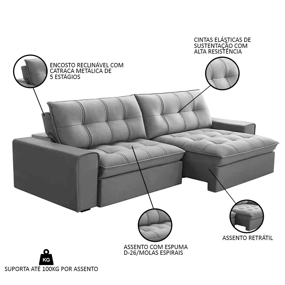 Sofá Retrátil Reclinável 3 Lugares 250cm Argon F05 Veludo Prata - Mpozenato