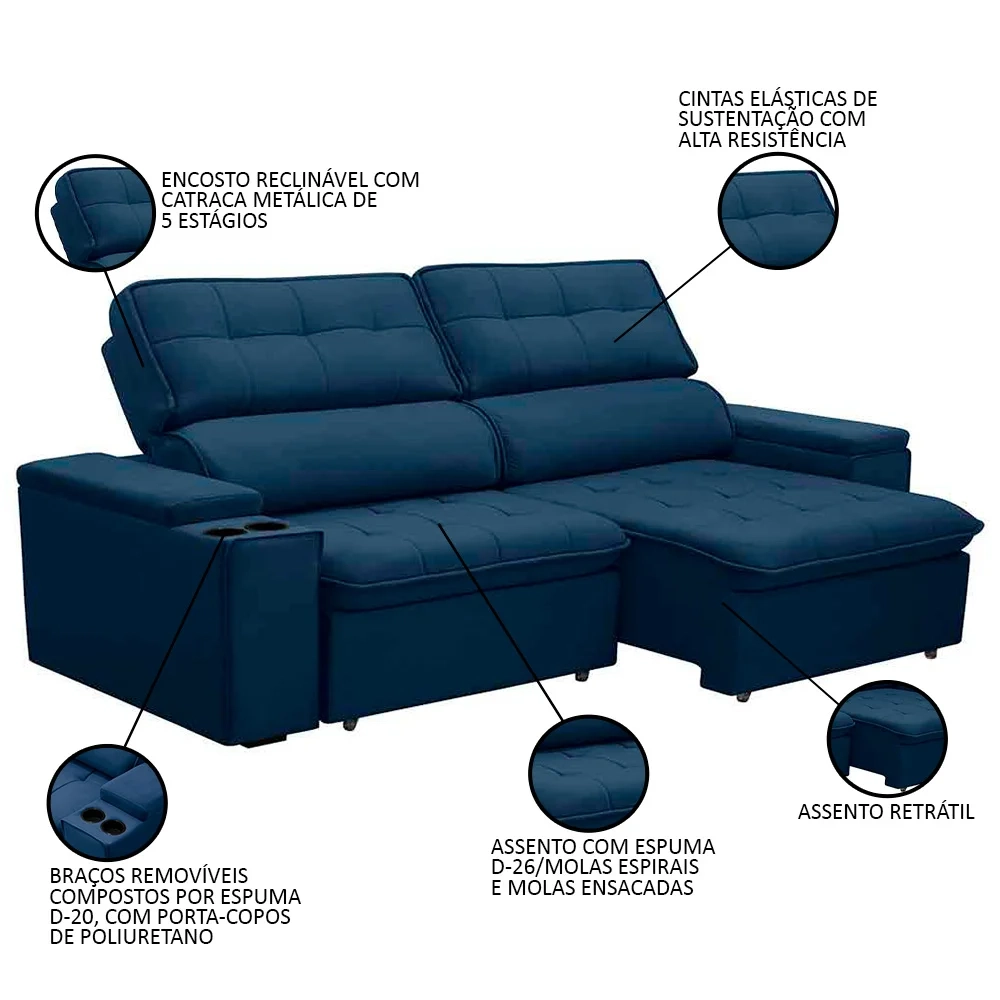 Sofá Retrátil Reclinável 3 Lugares 250cm Ginevra F05 Veludo Azul - Mpozenato