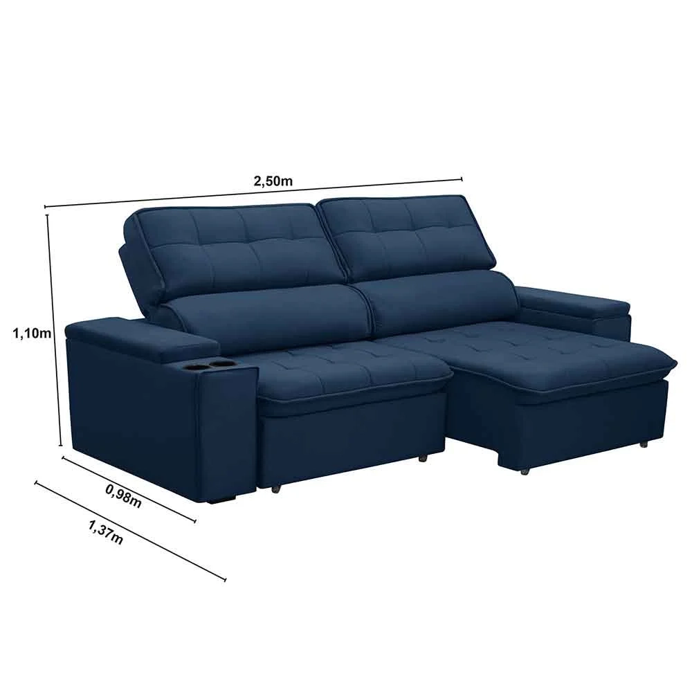 Sofá Retrátil Reclinável 3 Lugares 250cm Ginevra F05 Veludo Azul - Mpozenato