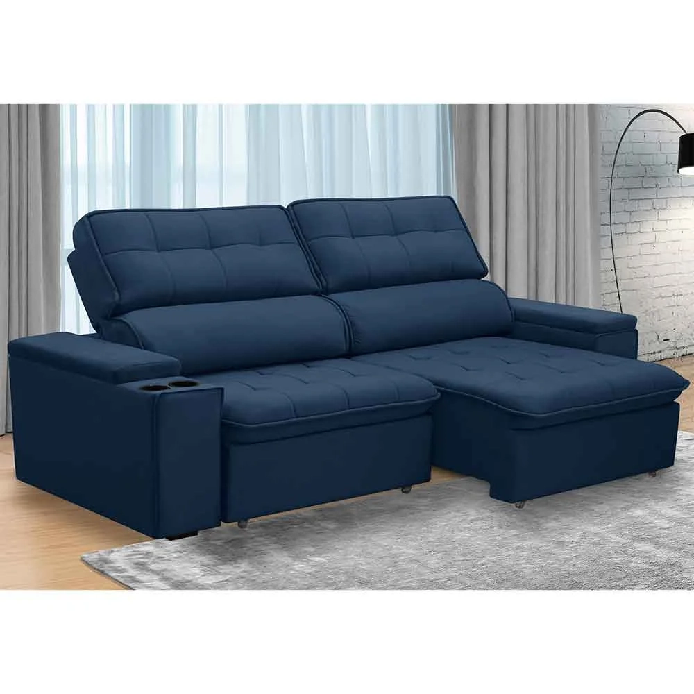 Sofá Retrátil Reclinável 3 Lugares 250cm Ginevra F05 Veludo Azul - Mpozenato
