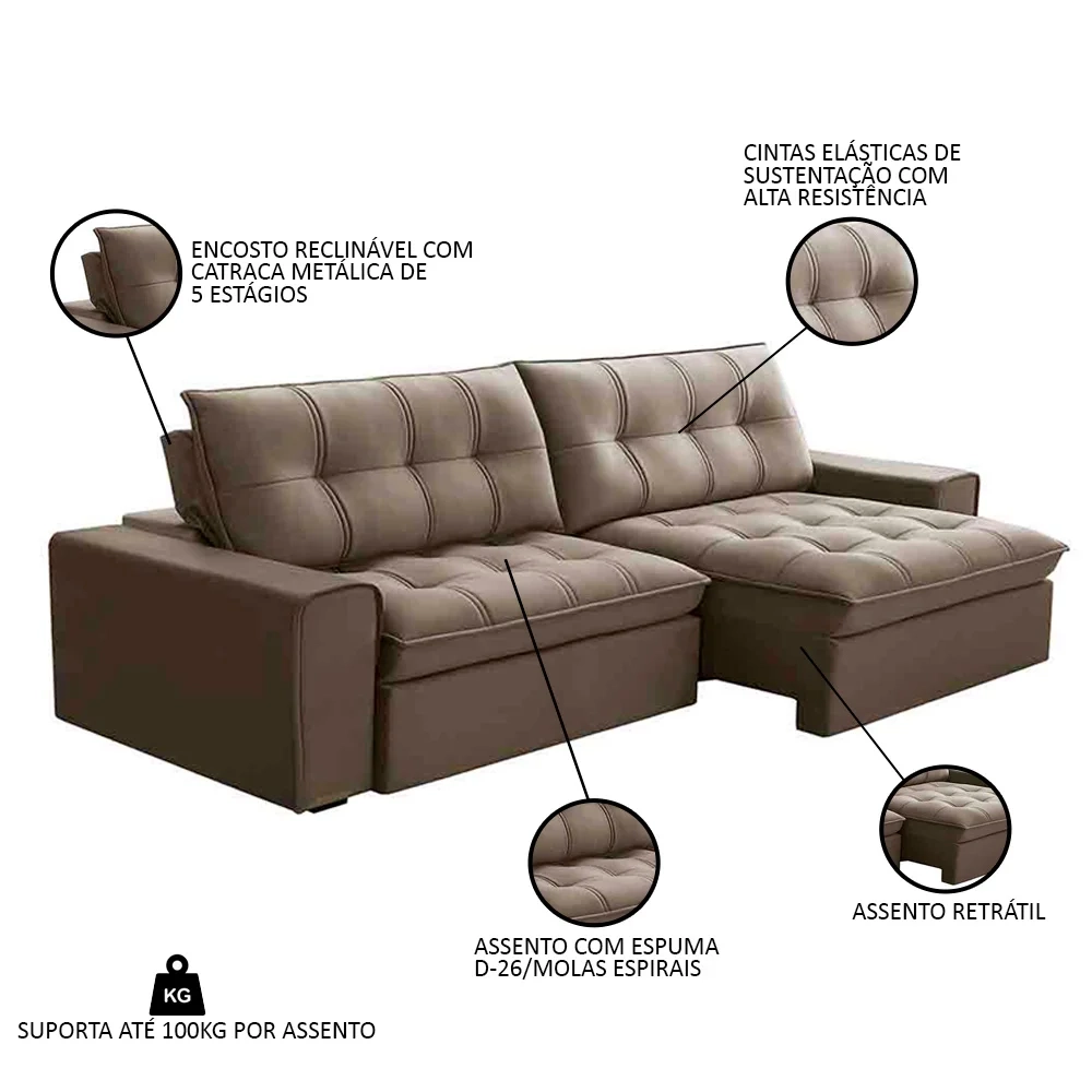 Sofá Retrátil Reclinável 3 Lugares 250cm Argon F05 Veludo Castor - Mpozenato