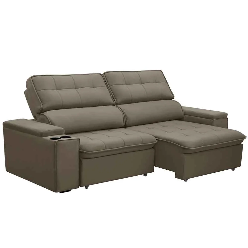 Sofá Retrátil Reclinável 3 Lugares 250cm Ginevra F05 Veludo Castor - Mpozenato
