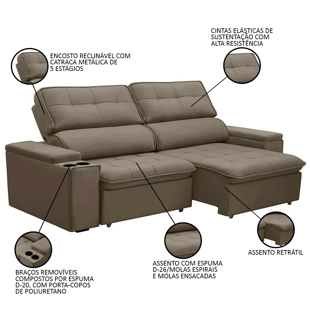 Sofá Retrátil Reclinável 3 Lugares 250cm Ginevra F05 Veludo Castor - Mpozenato