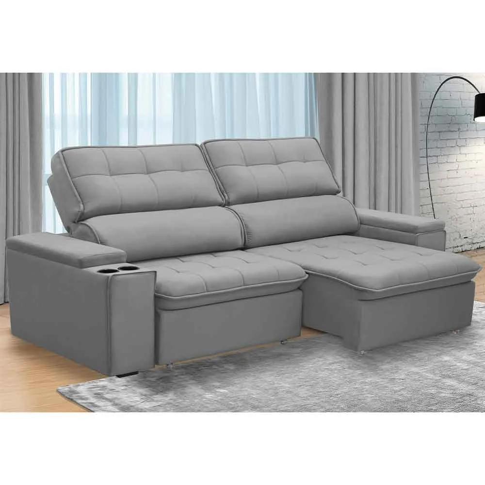 Sofá Retrátil Reclinável 3 Lugares 250cm Ginevra F05 Veludo Prata - Mpozenato