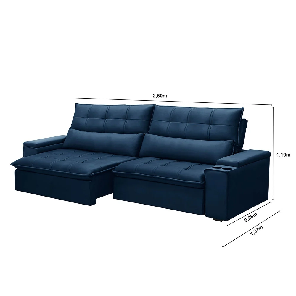Sofá Retrátil Reclinável 3 Lugares 250cm Moritz F05 Veludo Azul - Mpozenato