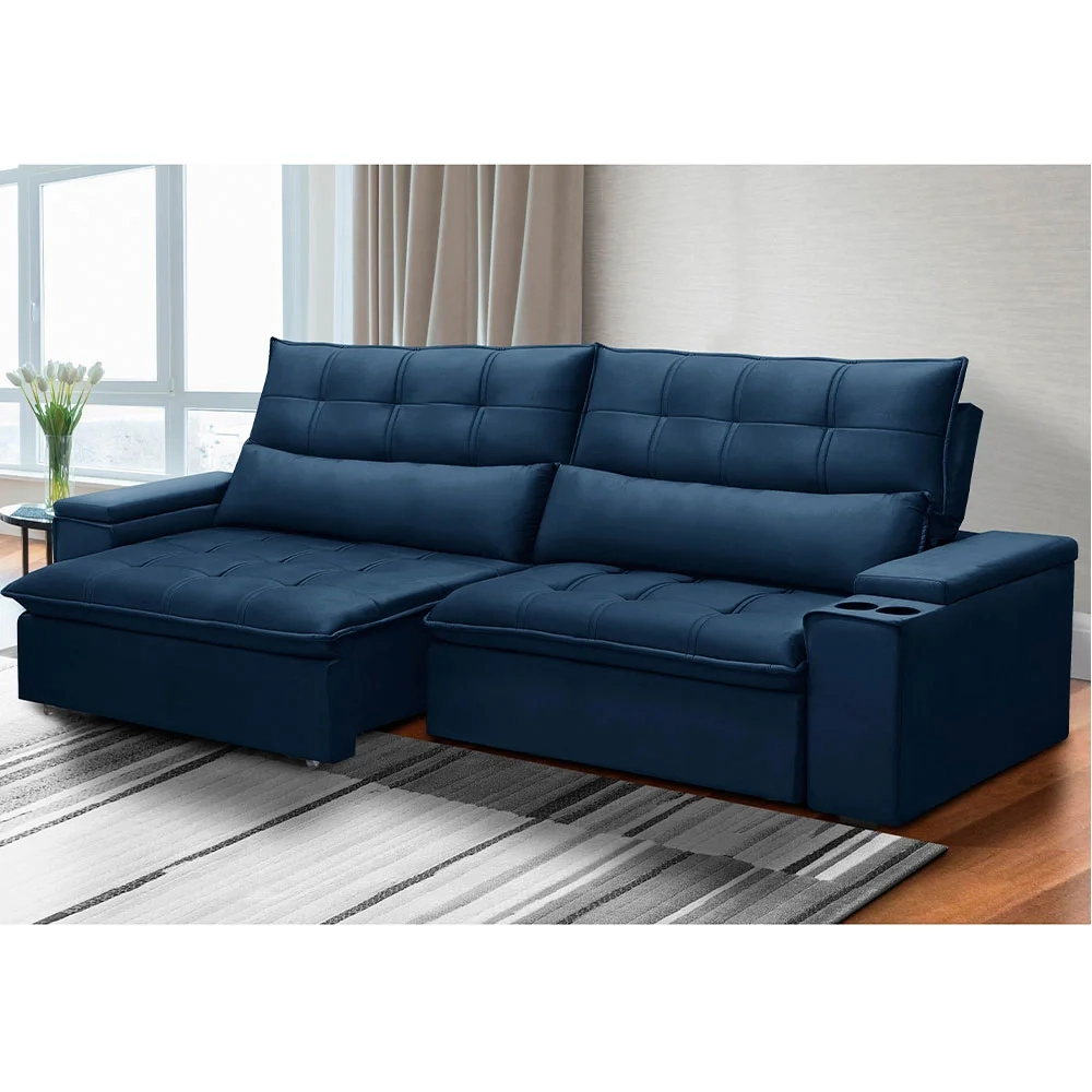 Sofá Retrátil Reclinável 3 Lugares 250cm Moritz F05 Veludo Azul - Mpozenato