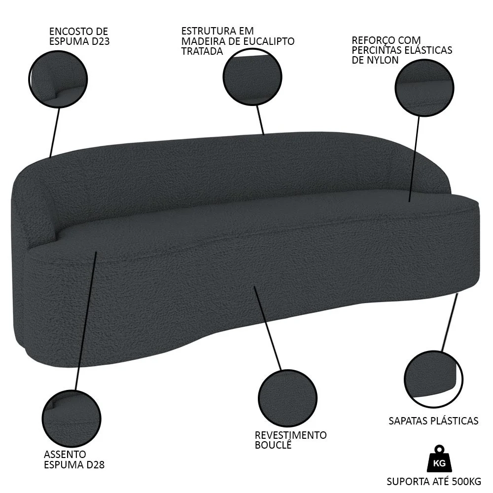 Sofá 5 Lugares para Sala de Estar Living 300cm Theo D06 Boucle Cinza Escuro - Mpozenato