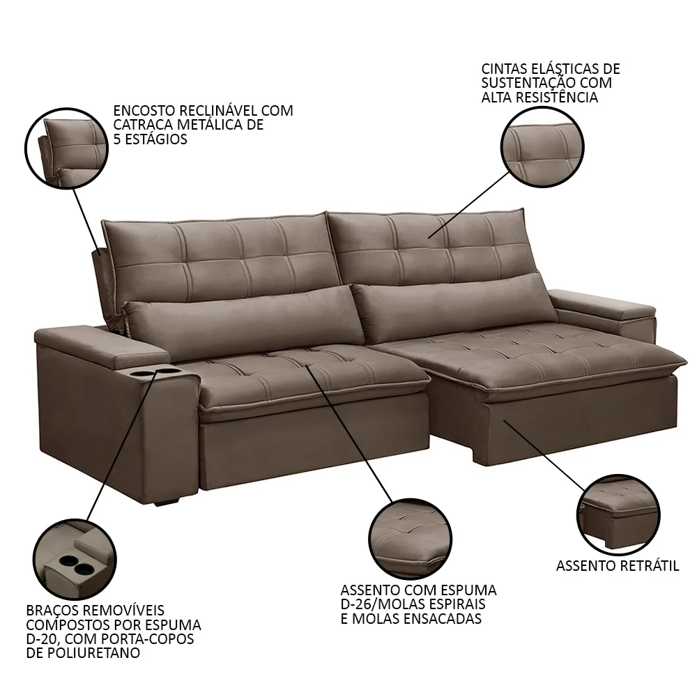 Sofá Retrátil Reclinável 3 Lugares 250cm Moritz F05 Veludo Castor - Mpozenato