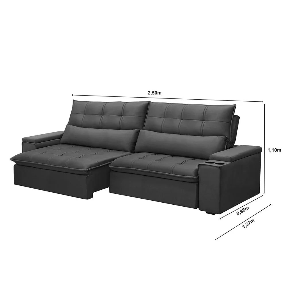 Sofá Retrátil Reclinável 3 Lugares 250cm Moritz F05 Veludo Grafite - Mpozenato