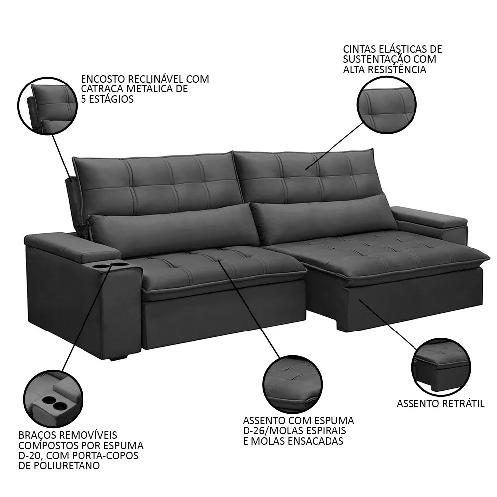 Sofá Retrátil Reclinável 3 Lugares 250cm Moritz F05 Veludo Grafite - Mpozenato