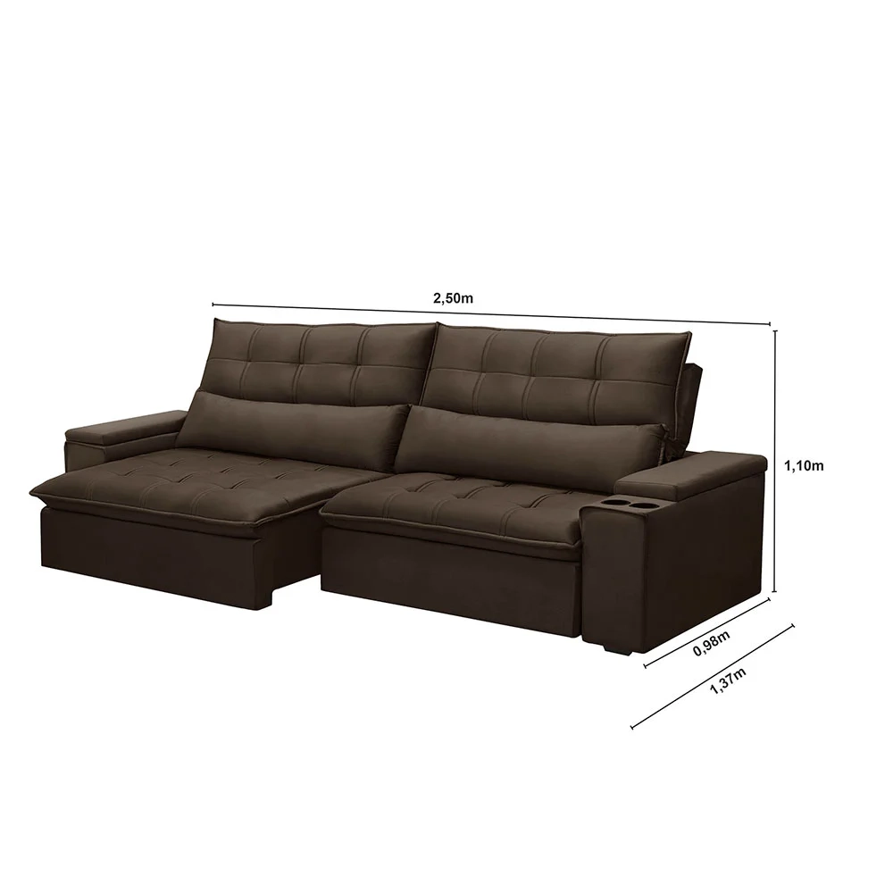 Sofá Retrátil Reclinável 3 Lugares 250cm Moritz F05 Veludo Marrom - Mpozenato