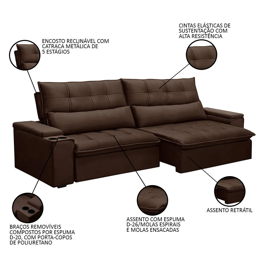 Sofá Retrátil Reclinável 3 Lugares 250cm Moritz F05 Veludo Marrom - Mpozenato