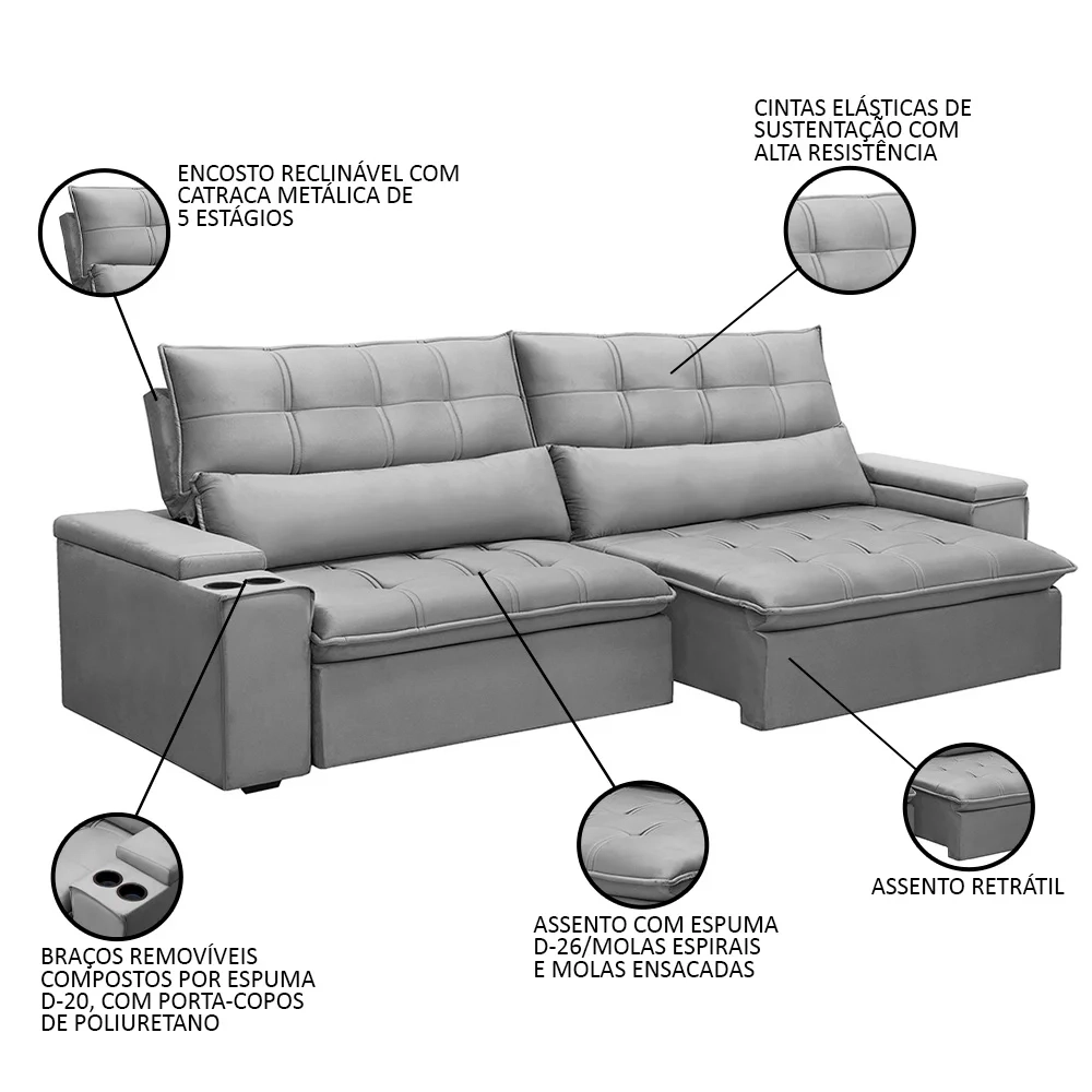 Sofá Retrátil Reclinável 3 Lugares 250cm Moritz F05 Veludo Prata - Mpozenato