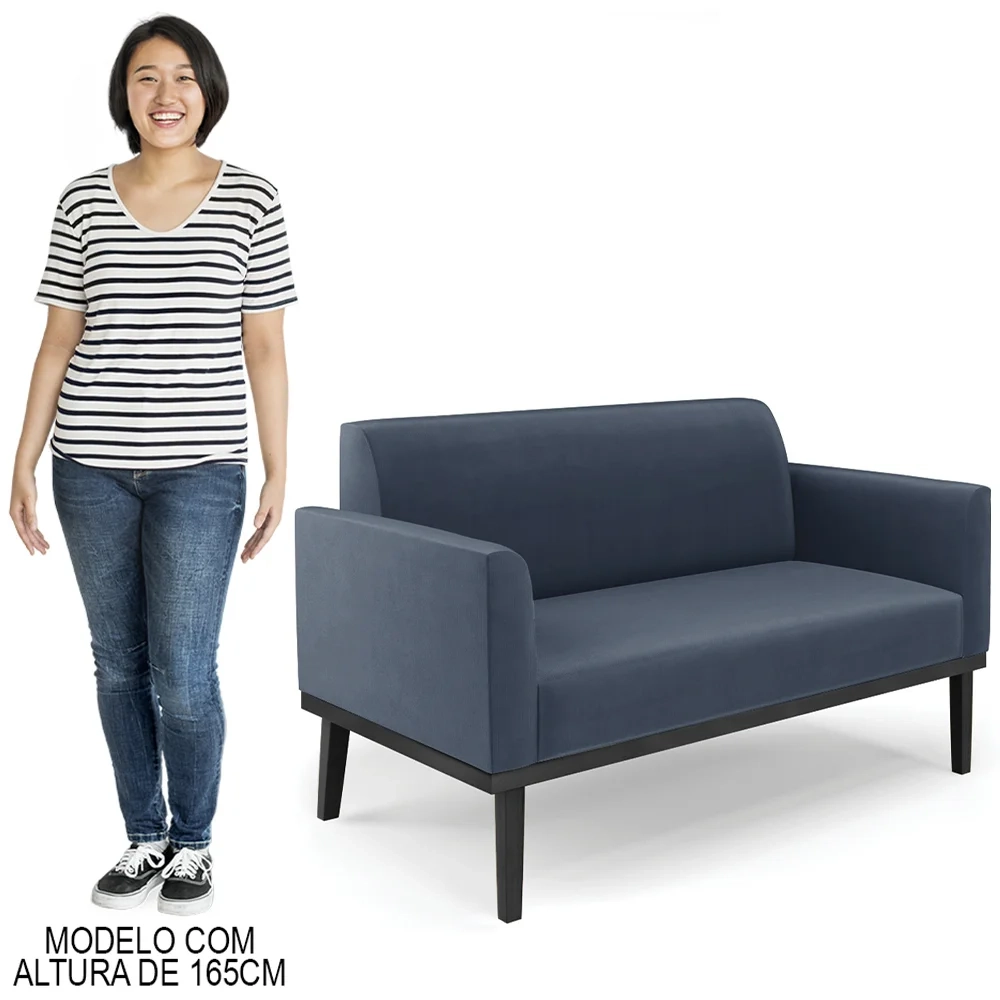 Sofá Namoradeira e 2 Poltronas Base Madeira Preto Maressa Suede Azul Marinho - Ibiza