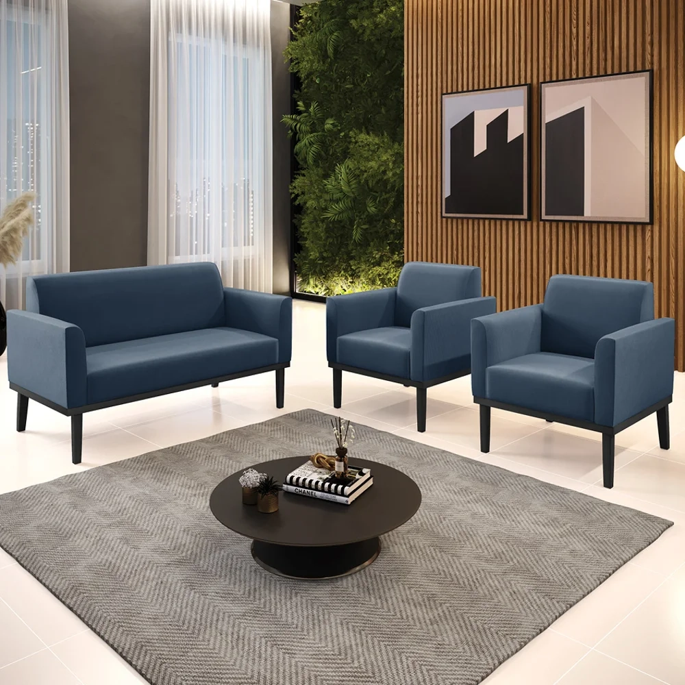 Sofá Namoradeira e 2 Poltronas Base Madeira Preto Maressa Suede Azul Marinho - Ibiza
