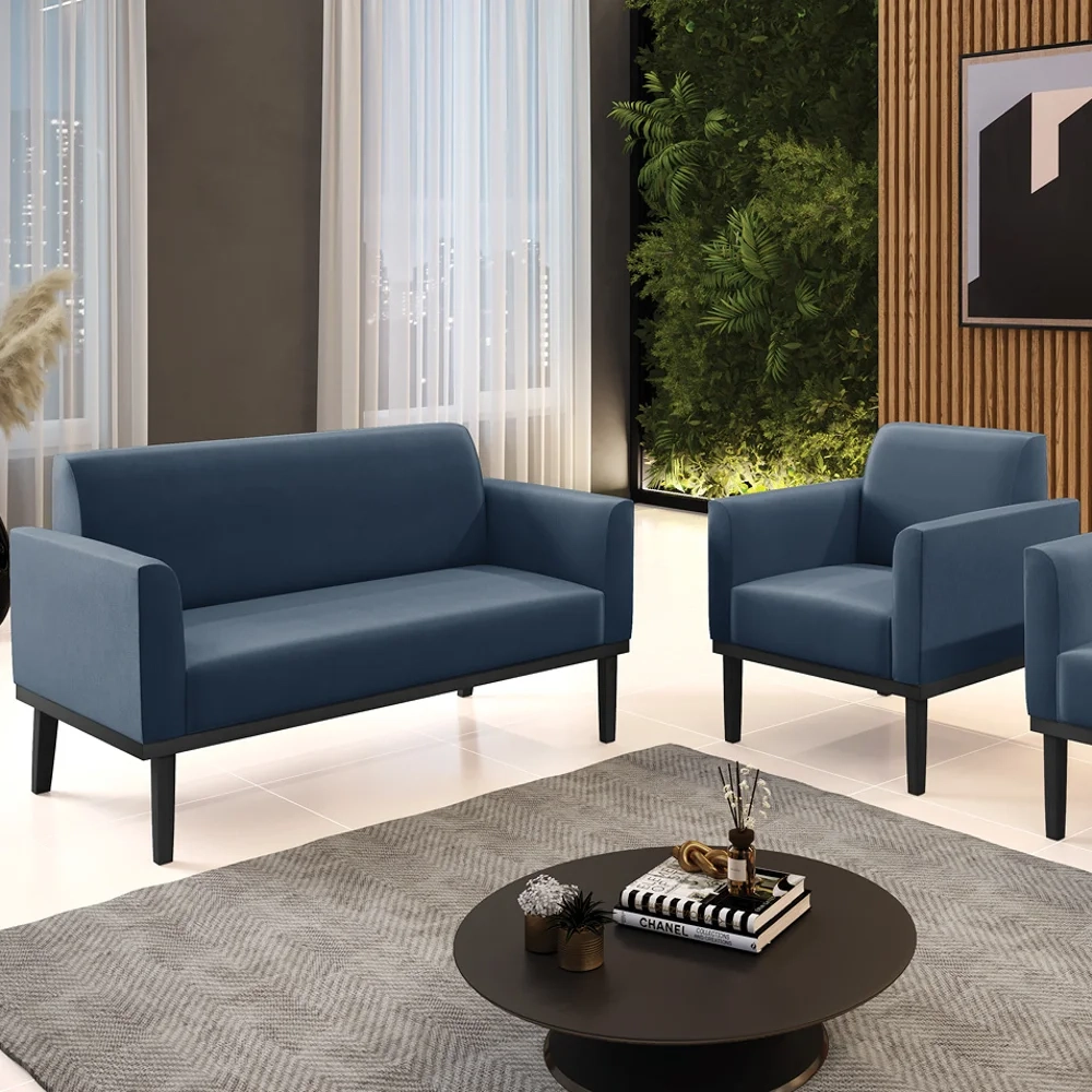 Sofá Namoradeira e 1 Poltrona Base Madeira Preto Maressa Suede Azul Marinho - Ibiza