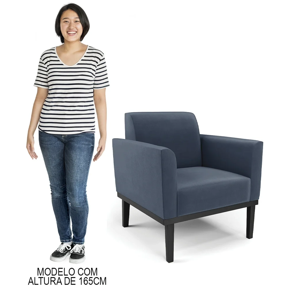 Sofá Namoradeira e 1 Poltrona Base Madeira Preto Maressa Suede Azul Marinho - Ibiza