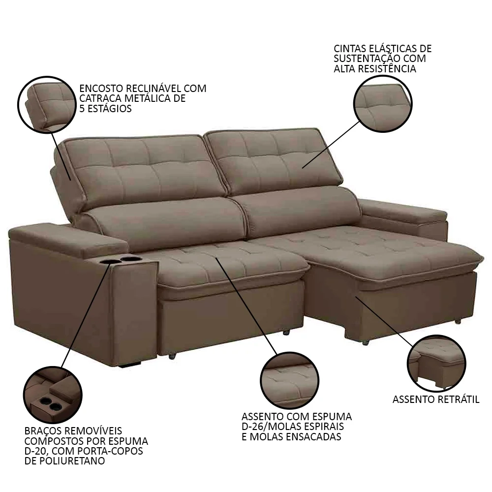 Sofá Retrátil Reclinável 3 Lugares 210cm Ginevra F05 Veludo Castor - Mpozenato