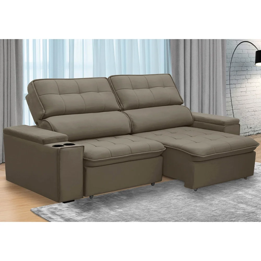 Sofá Retrátil Reclinável 3 Lugares 210cm Ginevra F05 Veludo Castor - Mpozenato