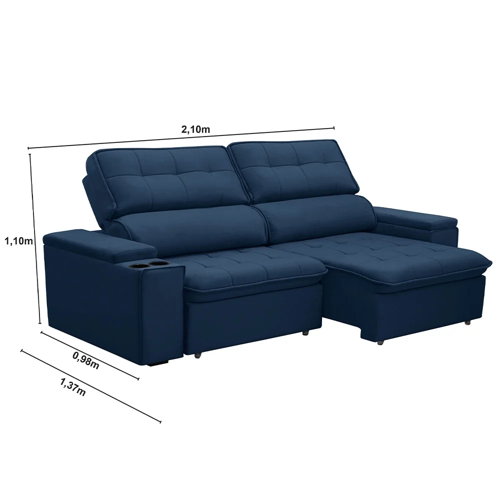 Sofá Retrátil Reclinável 3 Lugares 210cm Ginevra F05 Veludo Azul - Mpozenato