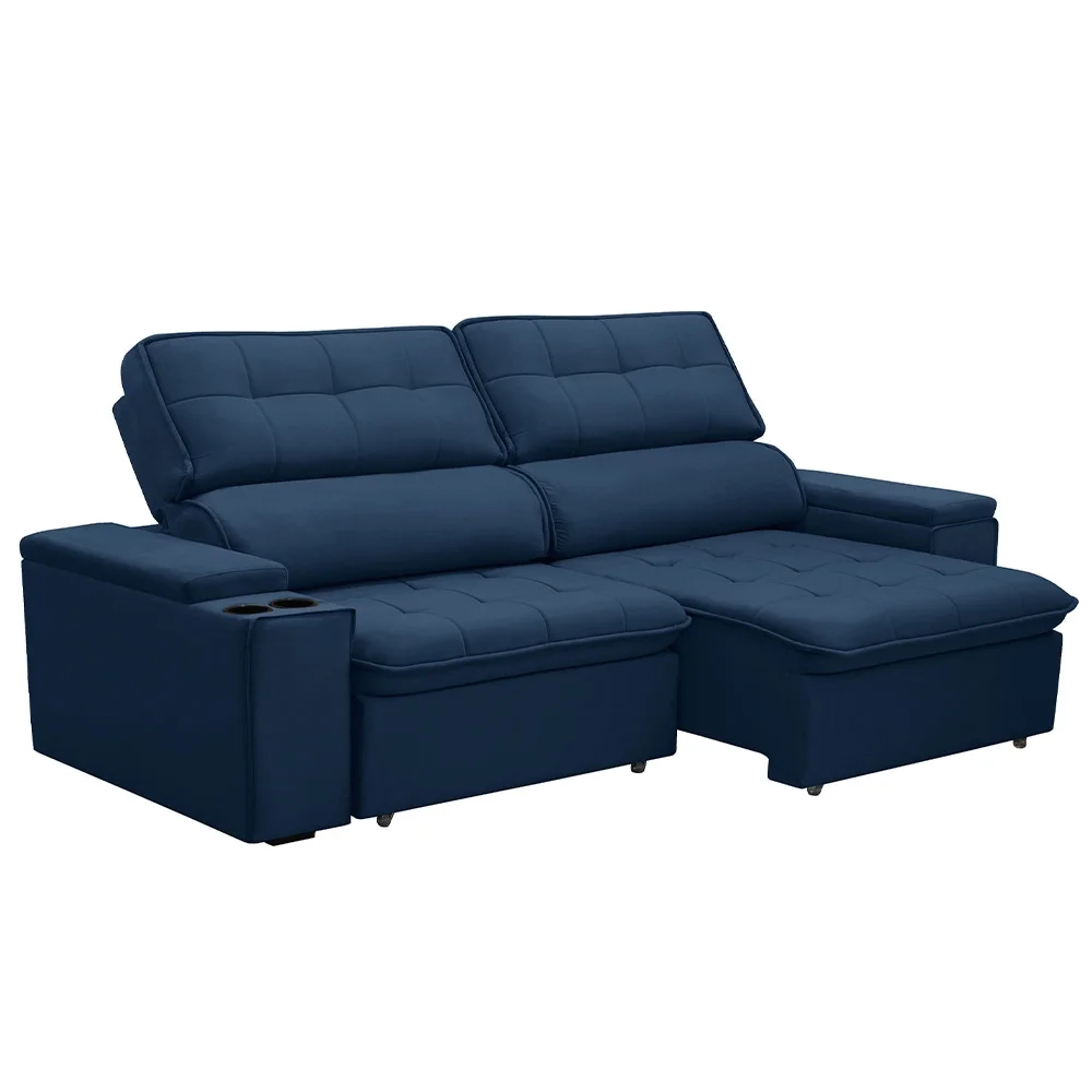 Sofá Retrátil Reclinável 3 Lugares 210cm Ginevra F05 Veludo Azul - Mpozenato