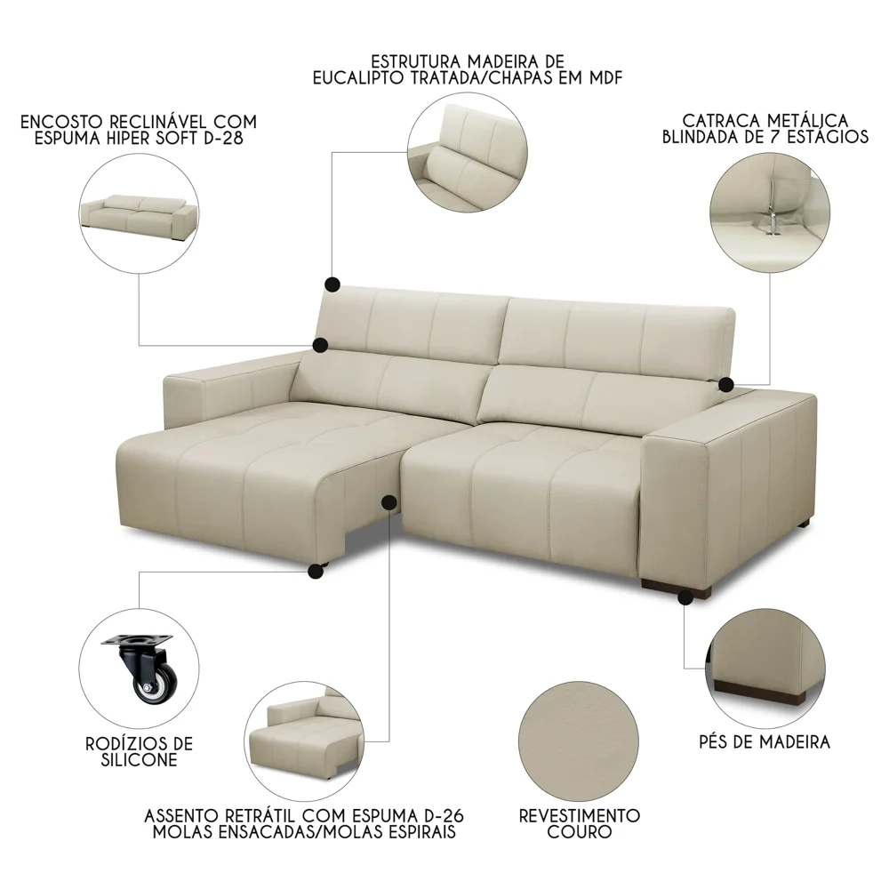 Sofá Retrátil Reclinável 3 Lugares 250cm Mare L08 Couro Off  - Mpozenato
