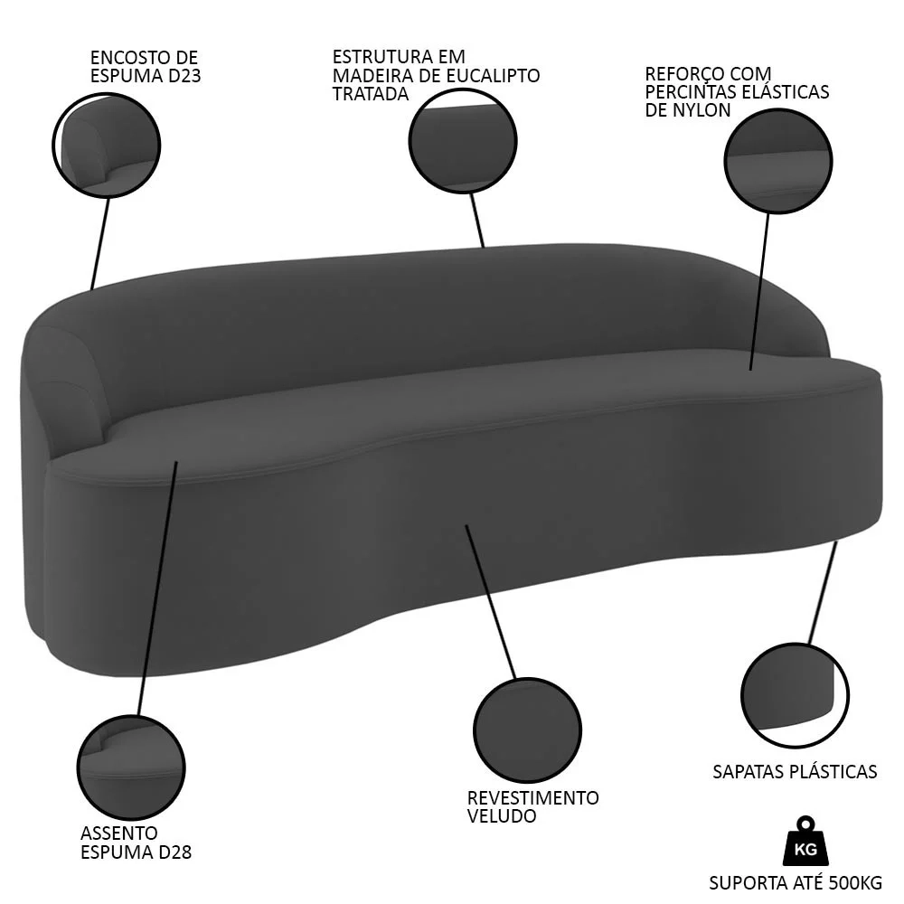 Sofá 5 Lugares para Sala de Estar Living 300cm Theo D06 Veludo Cinza - Mpozenato