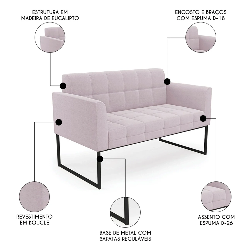 Sofá Namoradeira Base Industrial Preto Ana Boucle Rosê - Ibiza
