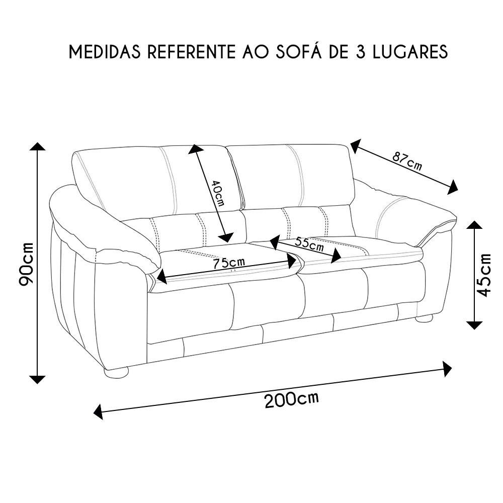 Sofá 2 e 3 Lugares Sala de Estar Veneza Couro Preto - Scala Decor