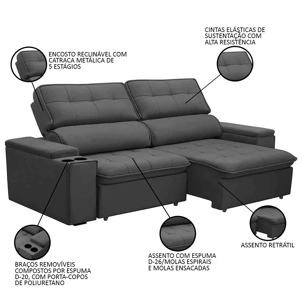 Sofá Retrátil Reclinável 3 Lugares 210cm Ginevra F05 Veludo Grafite - Mpozenato