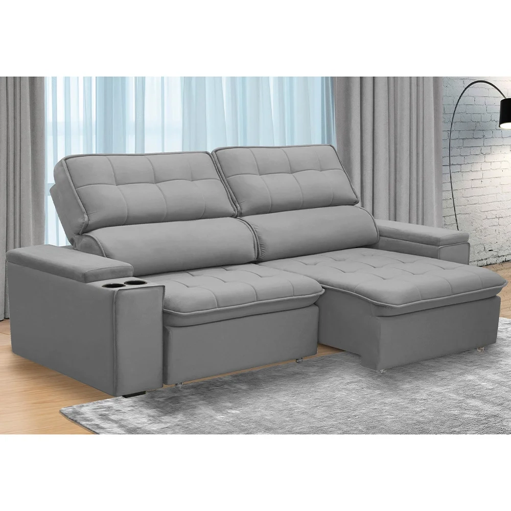 Sofá Retrátil Reclinável 3 Lugares 210cm Ginevra F05 Veludo Prata - Mpozenato