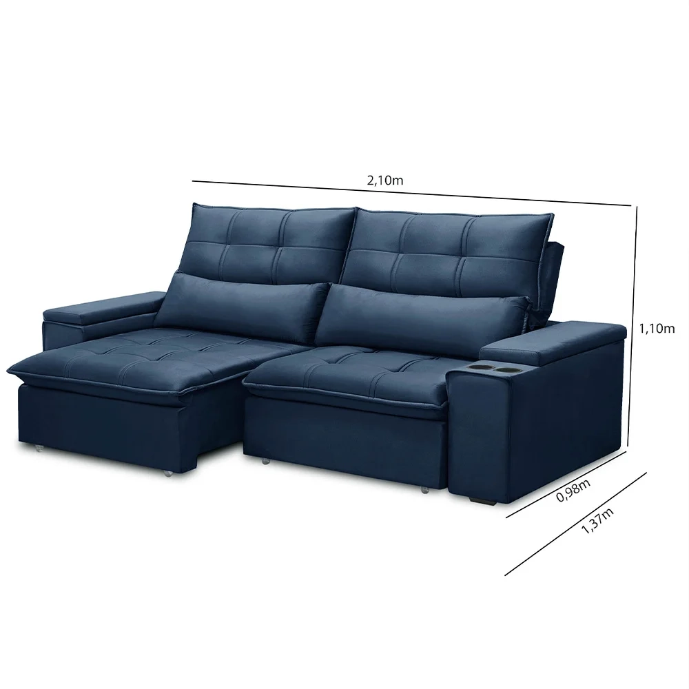 Sofá Retrátil Reclinável 3 Lugares 210cm Moritz F05 Veludo Azul - Mpozenato