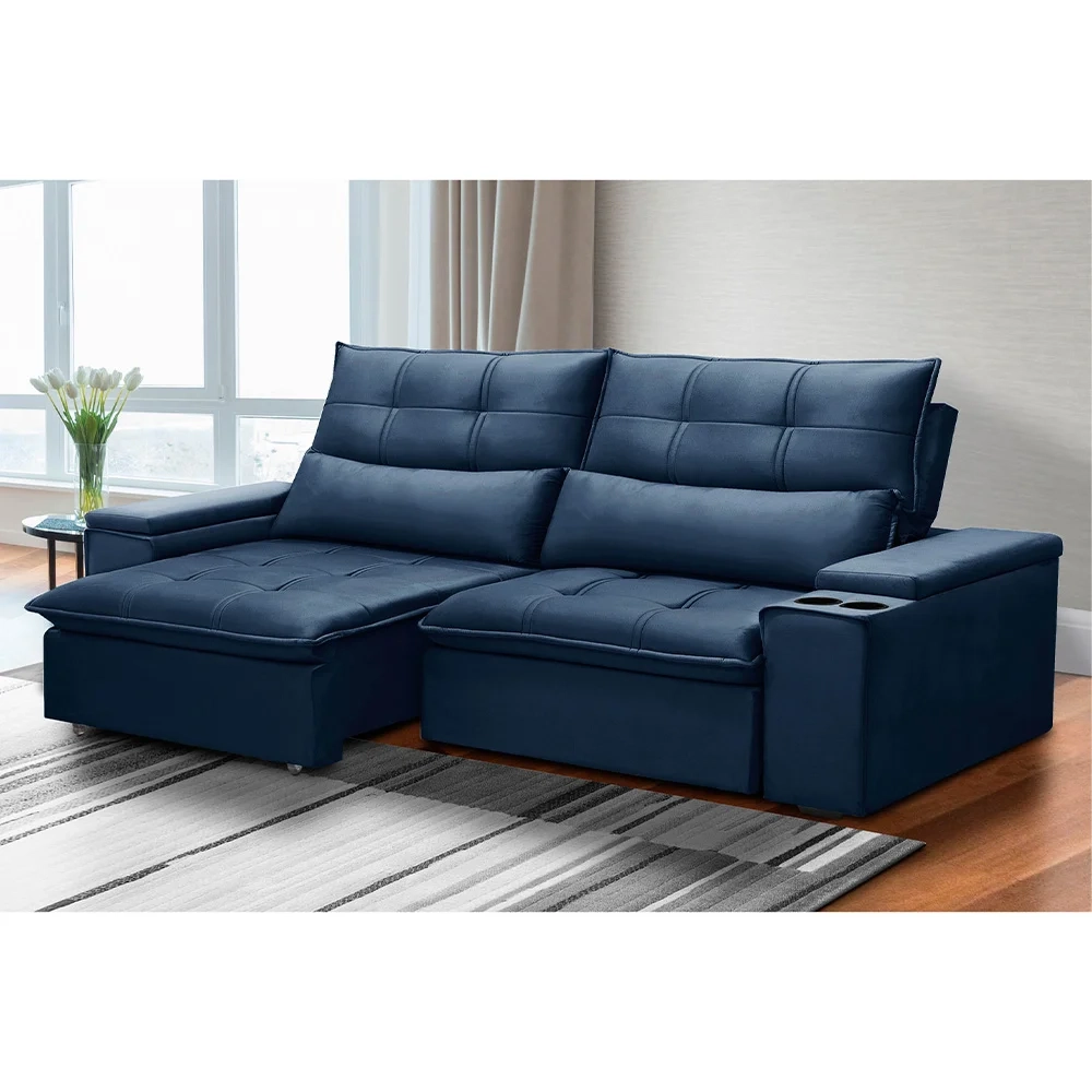 Sofá Retrátil Reclinável 3 Lugares 210cm Moritz F05 Veludo Azul - Mpozenato