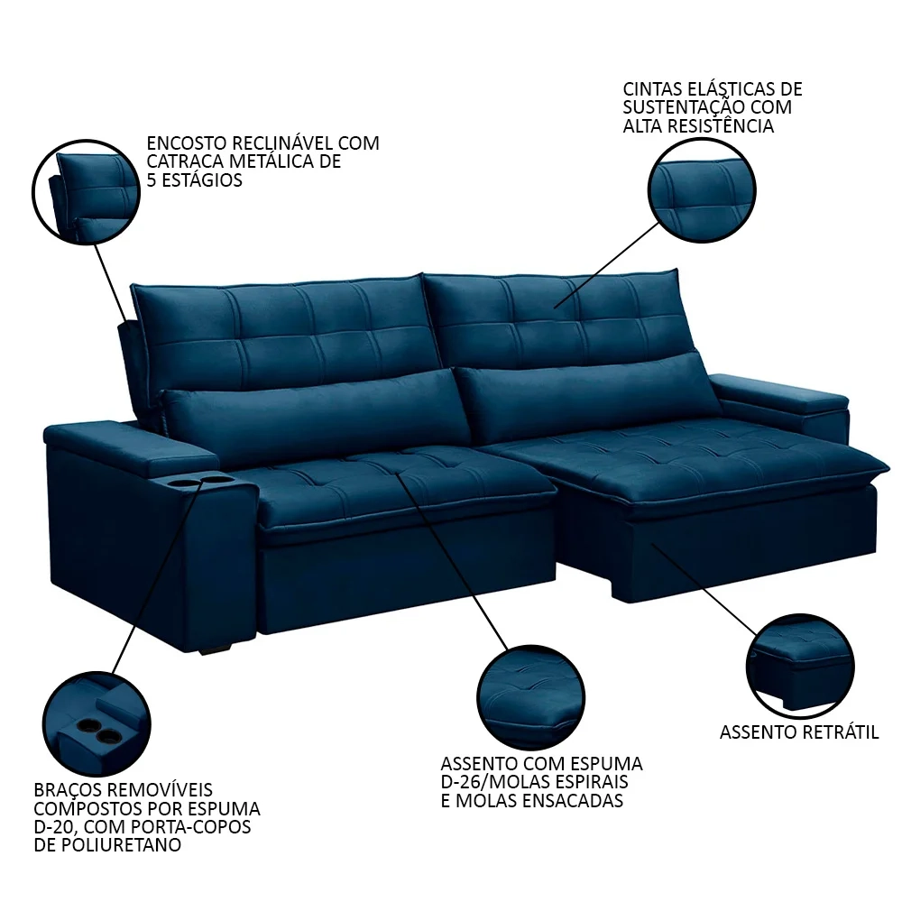 Sofá Retrátil Reclinável 3 Lugares 210cm Moritz F05 Veludo Azul - Mpozenato