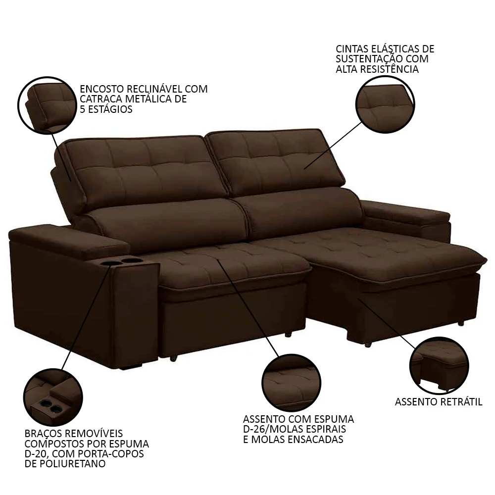 Sofá Retrátil Reclinável 3 Lugares 210cm Ginevra F05 Veludo Marrom - Mpozenato