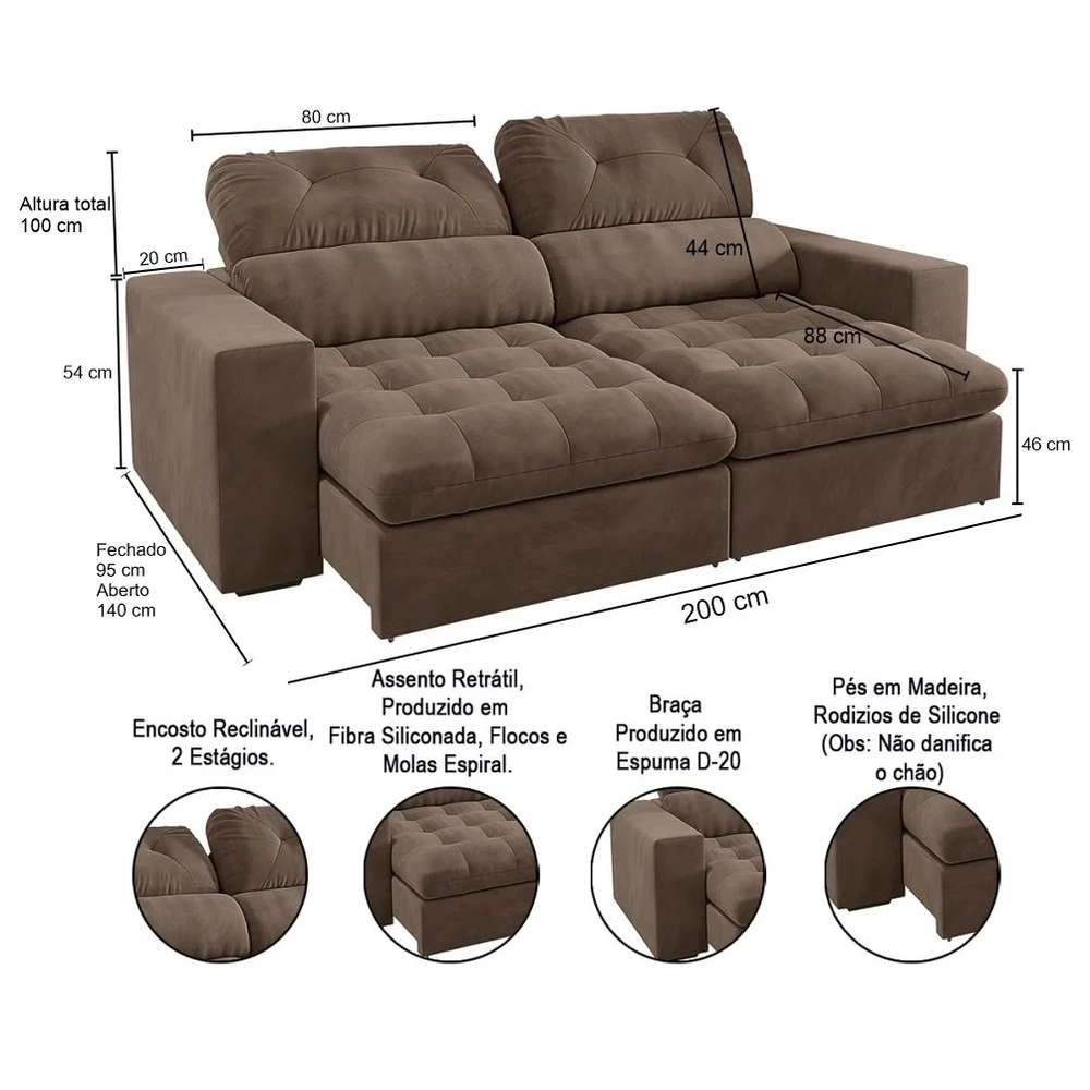 Sofá Retrátil e Reclinável 3 Lugares 200cm Viena A12 Suede Capuccino - Mpozenato