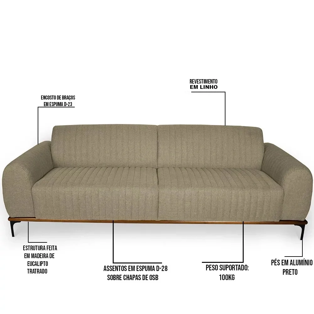 Sofá 150cm 2 Lugares Pés Preto Molino C-129 Linho Bege - Domi