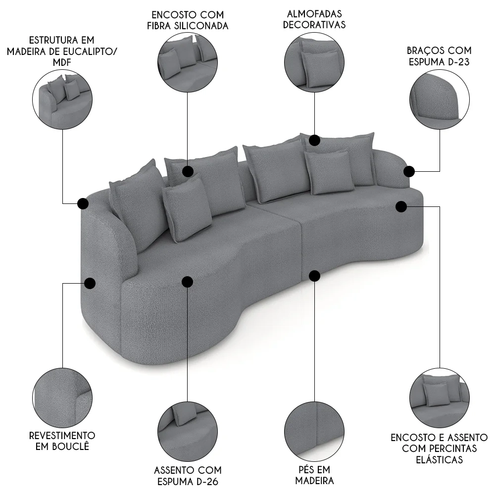 Sofá 4 Lugares 250cm Orgânico Quito Z08 Boucle Grafite - Mpozenato