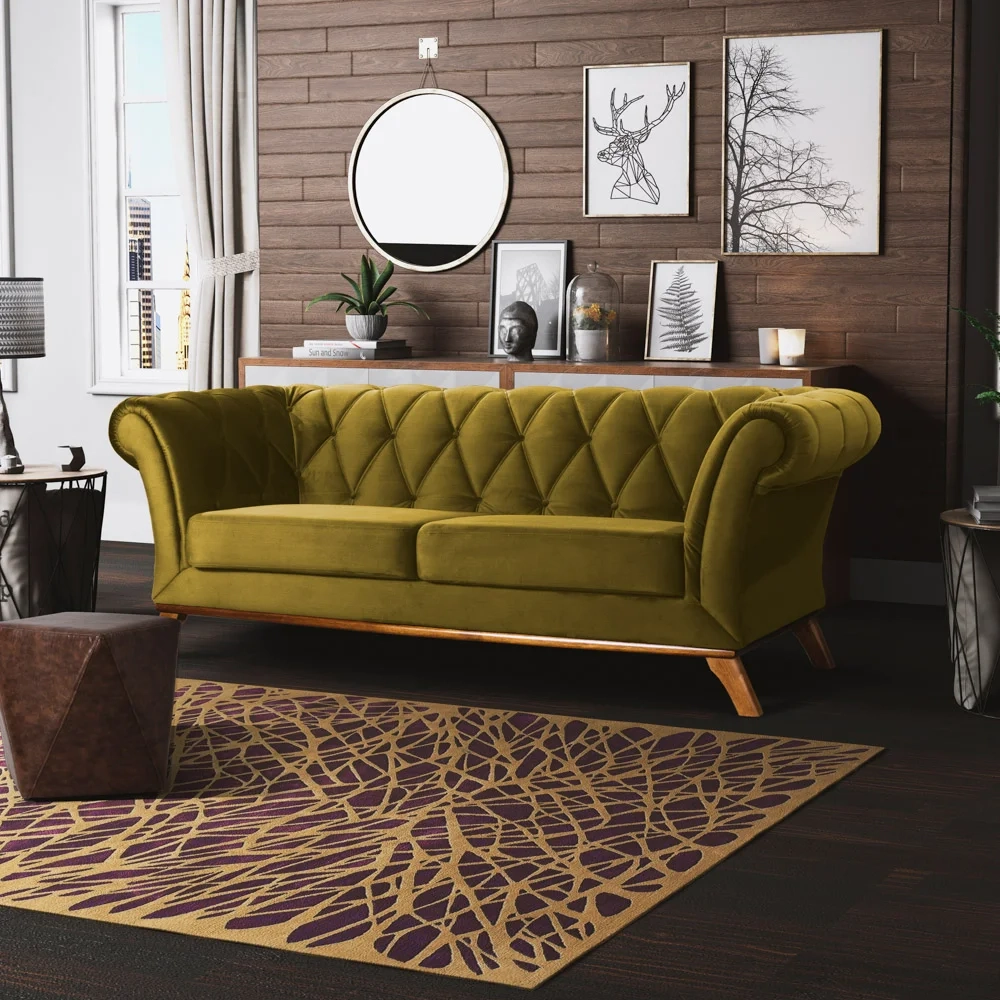 Sofá 230cm 3 Lugares Base Madeira Império B-260 Veludo Mostarda - Domi